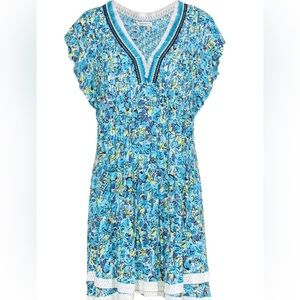 Poupette St Barth - Teal & Chartreuse Floral "Sasha" Pleated Mini Dress Sz L